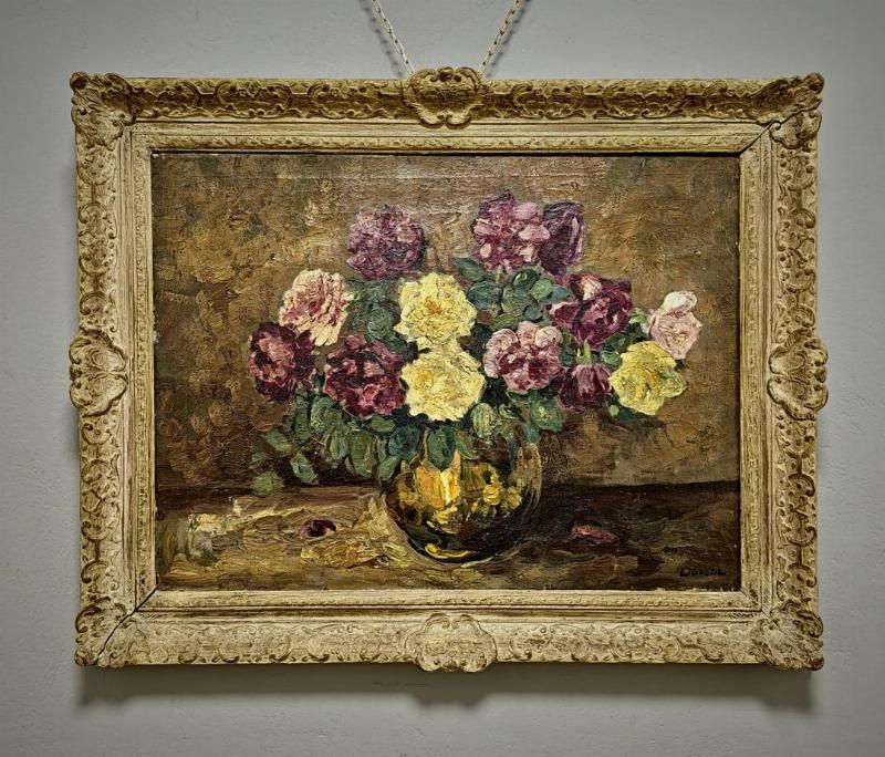 Peinture classique française bouquet fleurs nature morte, composition florale élégante